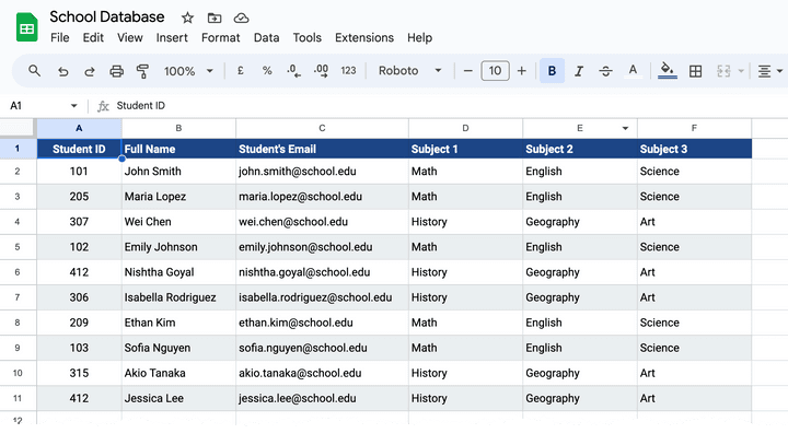 Data of students stored in Google Sheets