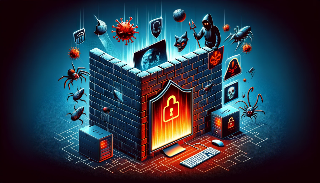Cyber Security : firewall acting as a barrier between a computer and a series of malicious icons representing different types of cyber threats.